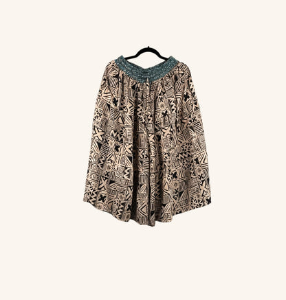 She Lives Beauty Earth Song reversible capri pants in beige and black geometric print vintage silk cotton fabric.