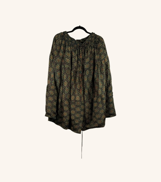 She Lives Beauty Earth Song reversible capri pants in dark floral vintage silk and cotton blend on a hanger.