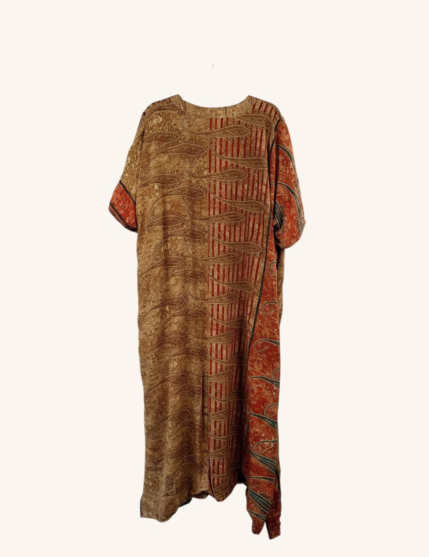 She Lives Beauty Luna Rosa reversible kaftan in brown and red vintage patchwork rasgulla silk with bohemian patterns
