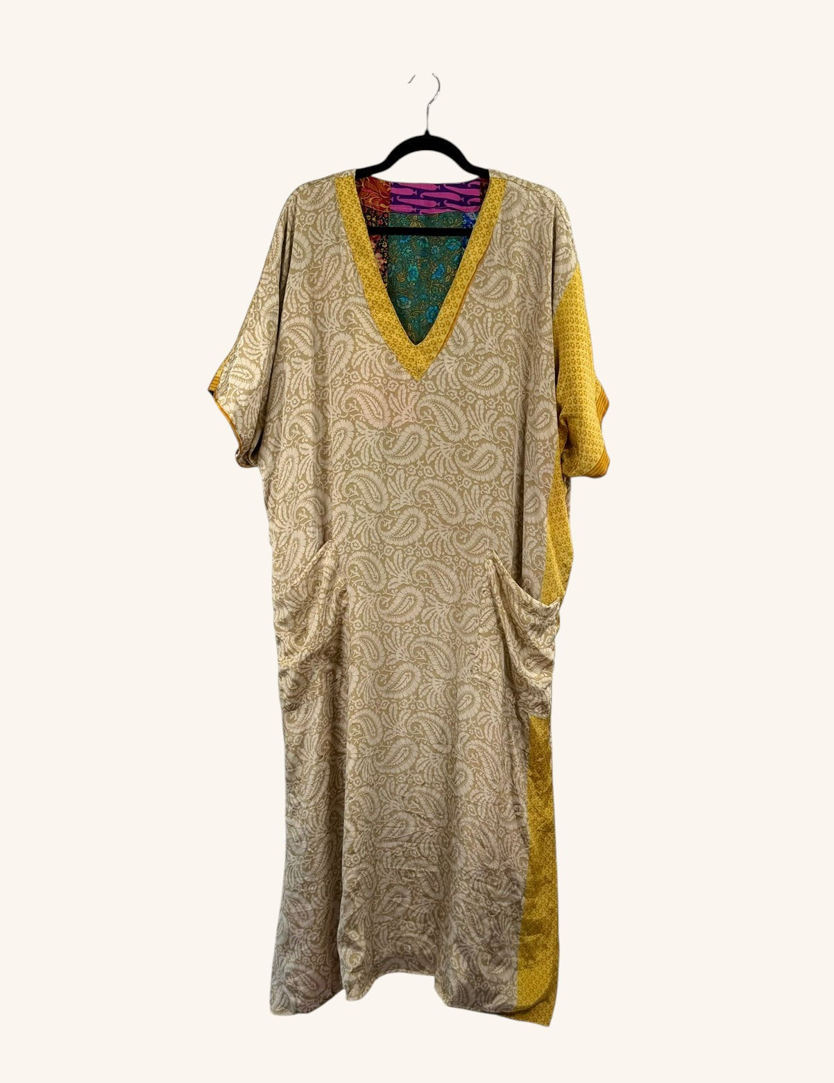 She Lives Beauty Luna Rosa reversible kaftan in beige and yellow vintage Rasgulla silk with patchwork details.
