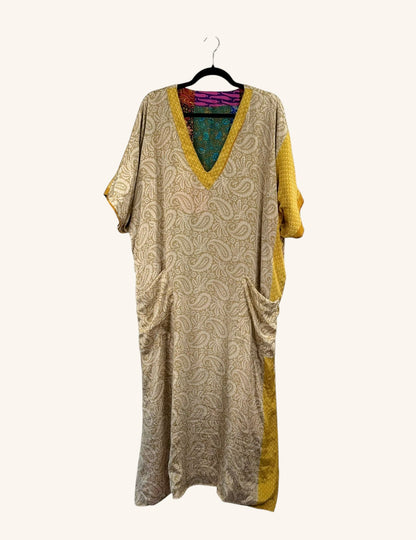She Lives Beauty Luna Rosa reversible kaftan in beige and yellow vintage Rasgulla silk with patchwork details.