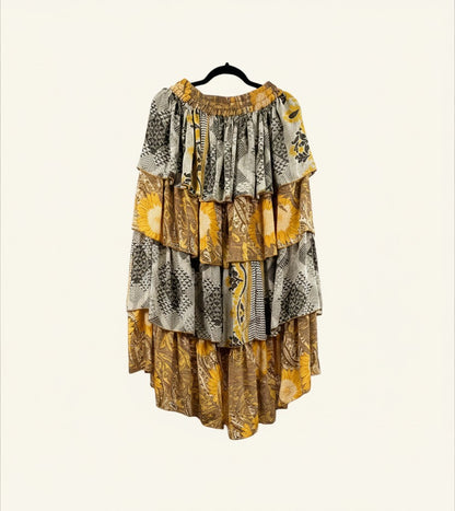 She Lives Beauty Ruffle Muse hi-lo skirt in vintage yellow and grey patterned rasgulla silk with cascading ruffles.