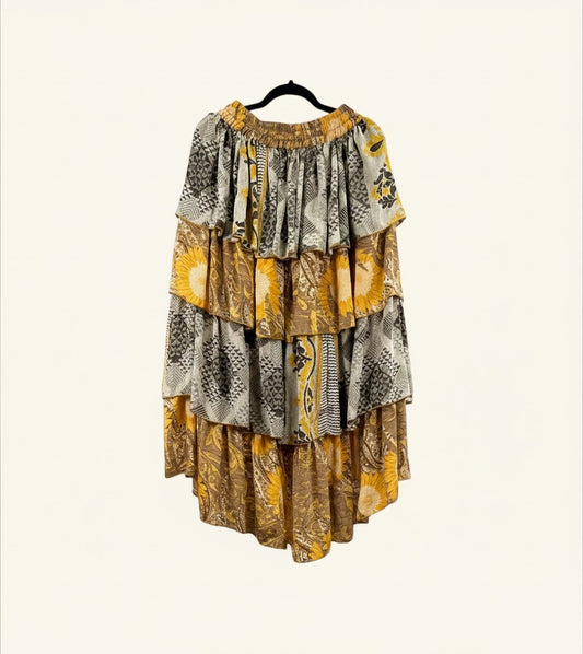 She Lives Beauty Ruffle Muse hi-lo skirt in vintage yellow and grey patterned rasgulla silk with cascading ruffles.