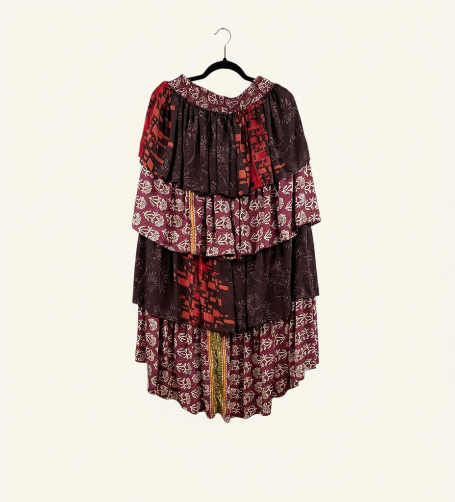 She Lives Beauty Ruffle Muse hi-lo skirt in vintage maroon and red patterned Rasgulla silk with cascading ruffles.