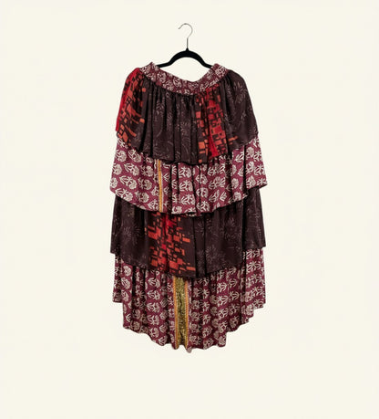 She Lives Beauty Ruffle Muse hi-lo skirt in vintage maroon and red patterned Rasgulla silk with cascading ruffles.
