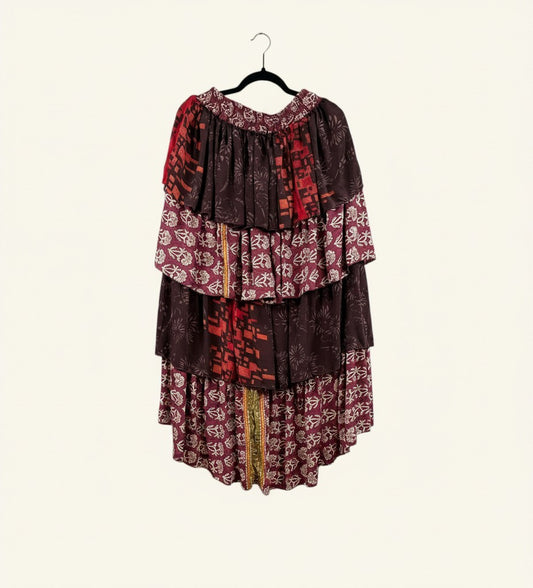 She Lives Beauty Ruffle Muse hi-lo skirt in vintage maroon and red patterned Rasgulla silk with cascading ruffles.