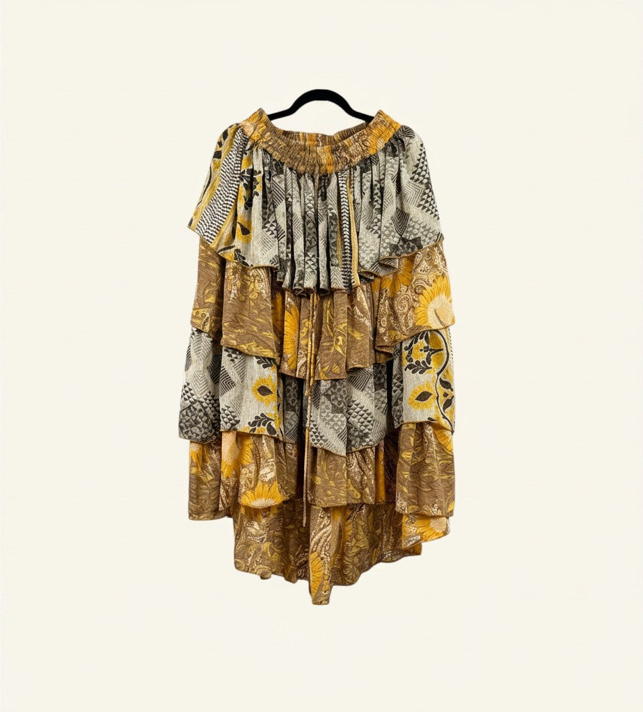 She Lives Beauty Ruffle Muse hi-lo skirt in yellow and grey vintage rasgulla silk with cascading ruffled layers.