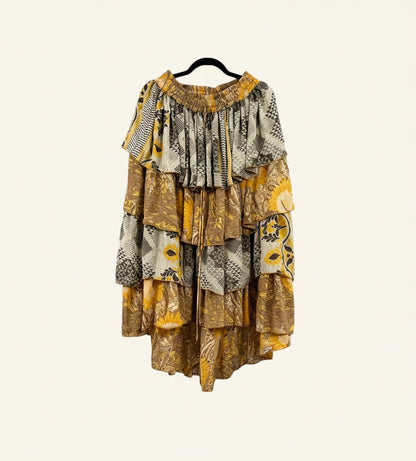 She Lives Beauty Ruffle Muse hi-lo skirt in yellow and grey vintage rasgulla silk with cascading ruffled layers.
