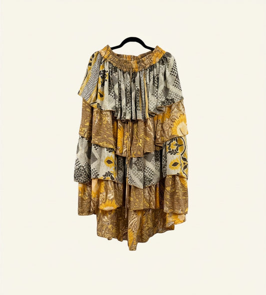 She Lives Beauty Ruffle Muse hi-lo skirt in yellow and grey vintage rasgulla silk with cascading ruffled layers.