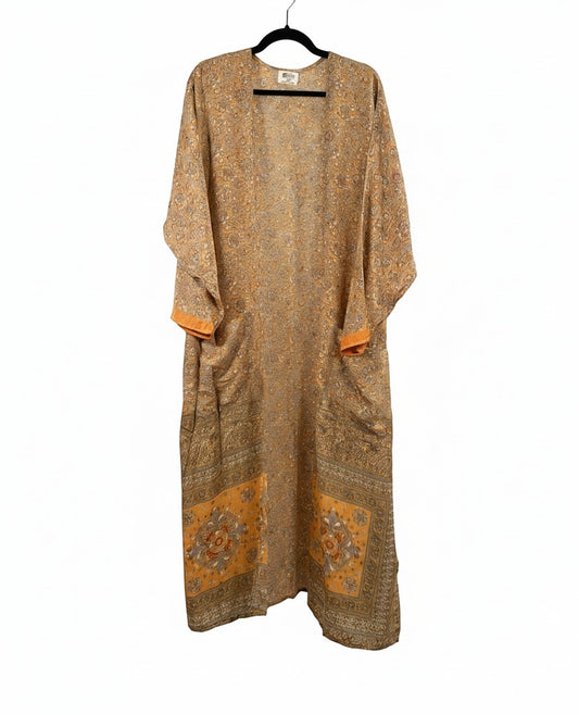 She Lives Beauty Seraphina Flow Kimono in vintage gold and orange rasgulla silk with intricate floral sari patterns.