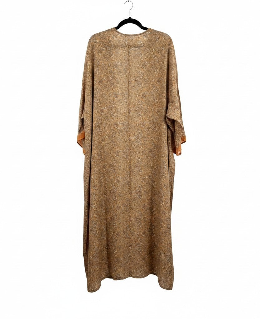 She Lives Beauty Seraphina Flow Kimono in vintage brown rasgulla silk with intricate patterns and wide sleeves.