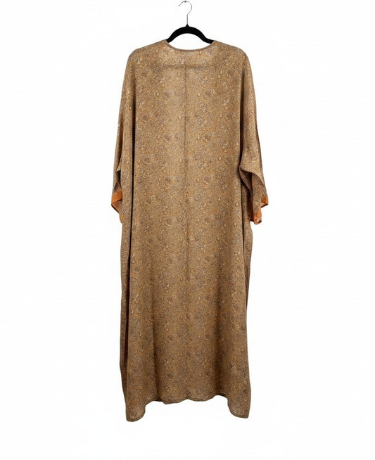 She Lives Beauty Seraphina Flow Kimono in vintage brown rasgulla silk with intricate patterns and wide sleeves.
