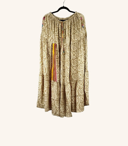 She Lives Beauty Prairie Soul maxi skirt in beige vintage Rasgulla silk with kantha stitching and drawstring waist.