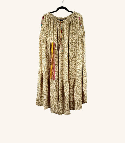 She Lives Beauty Prairie Soul maxi skirt in beige vintage Rasgulla silk with kantha stitching and drawstring waist.