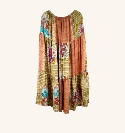 She Lives Beauty Prairie Soul maxi skirt in vintage rasgulla silk with floral patchwork and kantha stitching