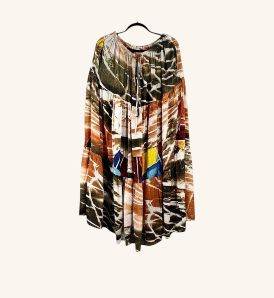 She Lives Beauty Prairie Soul maxi skirt in vintage rasgulla silk with a multi-colored abstract print and fluid drape.