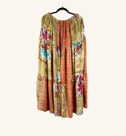 She Lives Beauty Prairie Soul maxi skirt in vintage rasgulla silk with floral patchwork and kantha stitching.