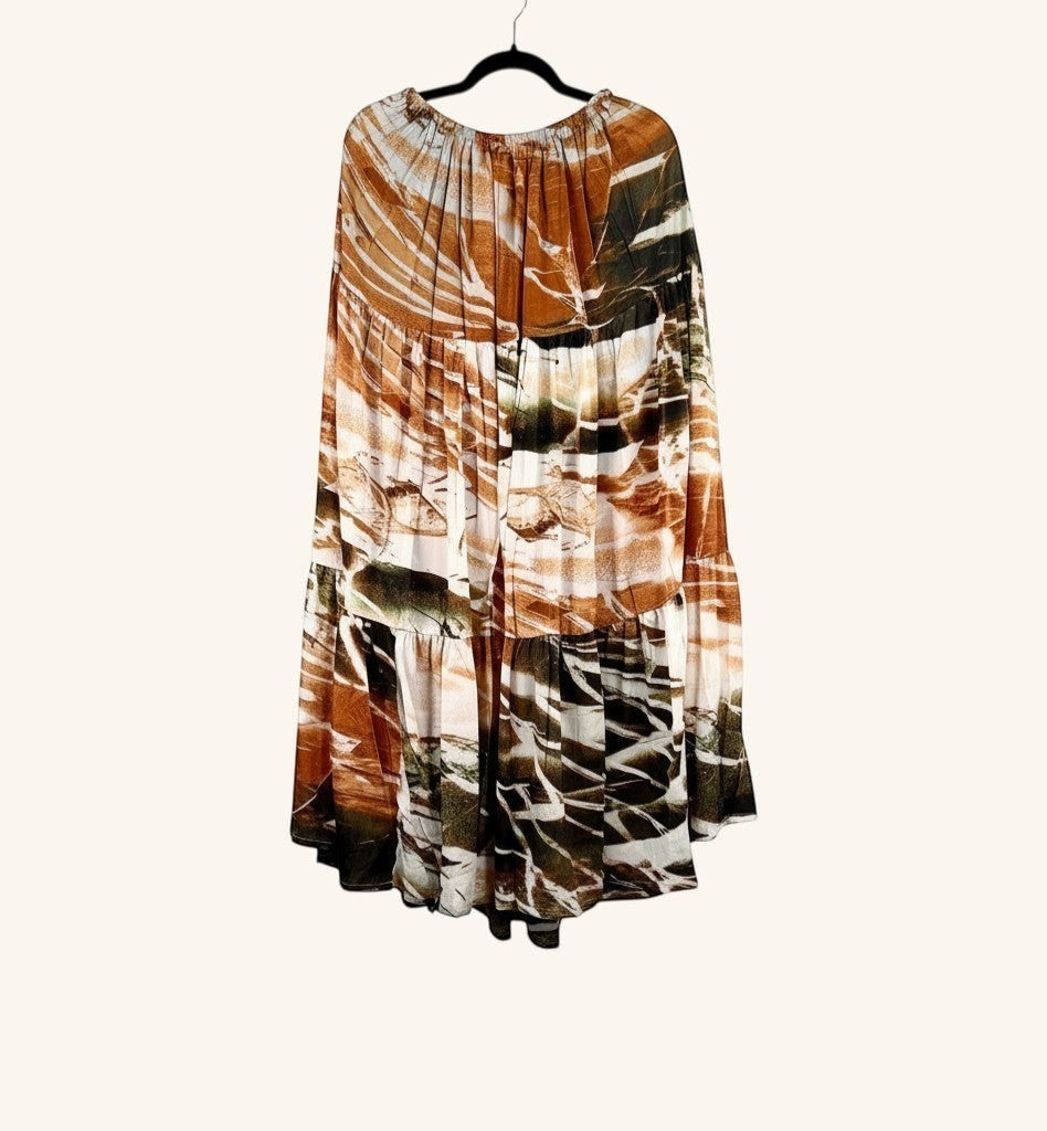 She Lives Beauty Prairie Soul maxi skirt in vintage rasgulla silk with brown and white abstract kantha stitched print.