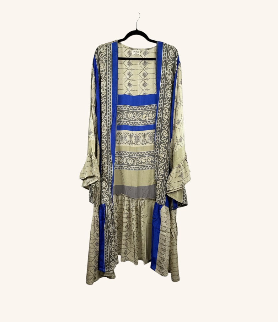 She Lives Beauty Dream Weaver kimono in vintage silk with blue and beige geometric patterns and cascading ruffle sleeves.