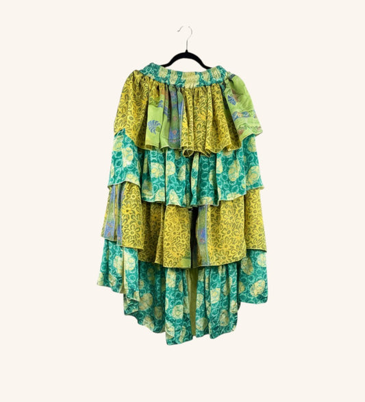 She Lives Beauty Ruffle Muse hi-lo skirt in green and yellow vintage Rasgulla silk with cascading ruffled layers.
