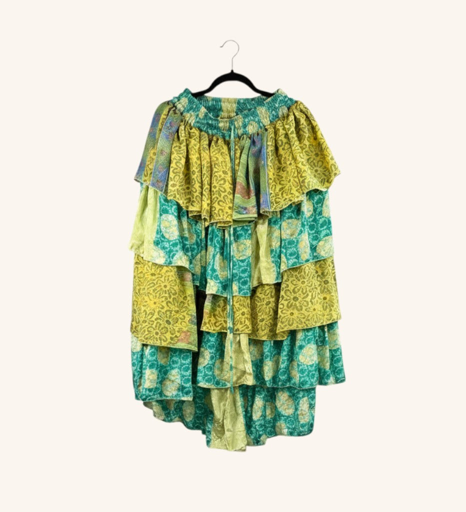 She Lives Beauty vintage rasgulla silk hi-lo skirt with cascading green and yellow ruffled layers.