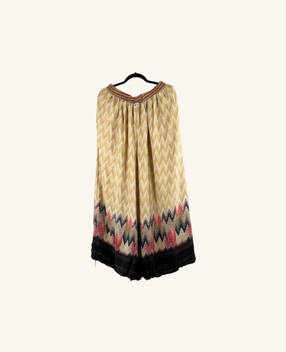 She Lives Beauty vintage rasgulla silk wide leg pants in beige with a chevron pattern and dark hem detail.