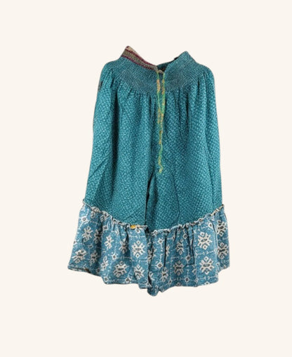She Lives Beauty Anything for Selenas bloomers in teal vintage kantha cotton with a ruffled hem and elastic waist.