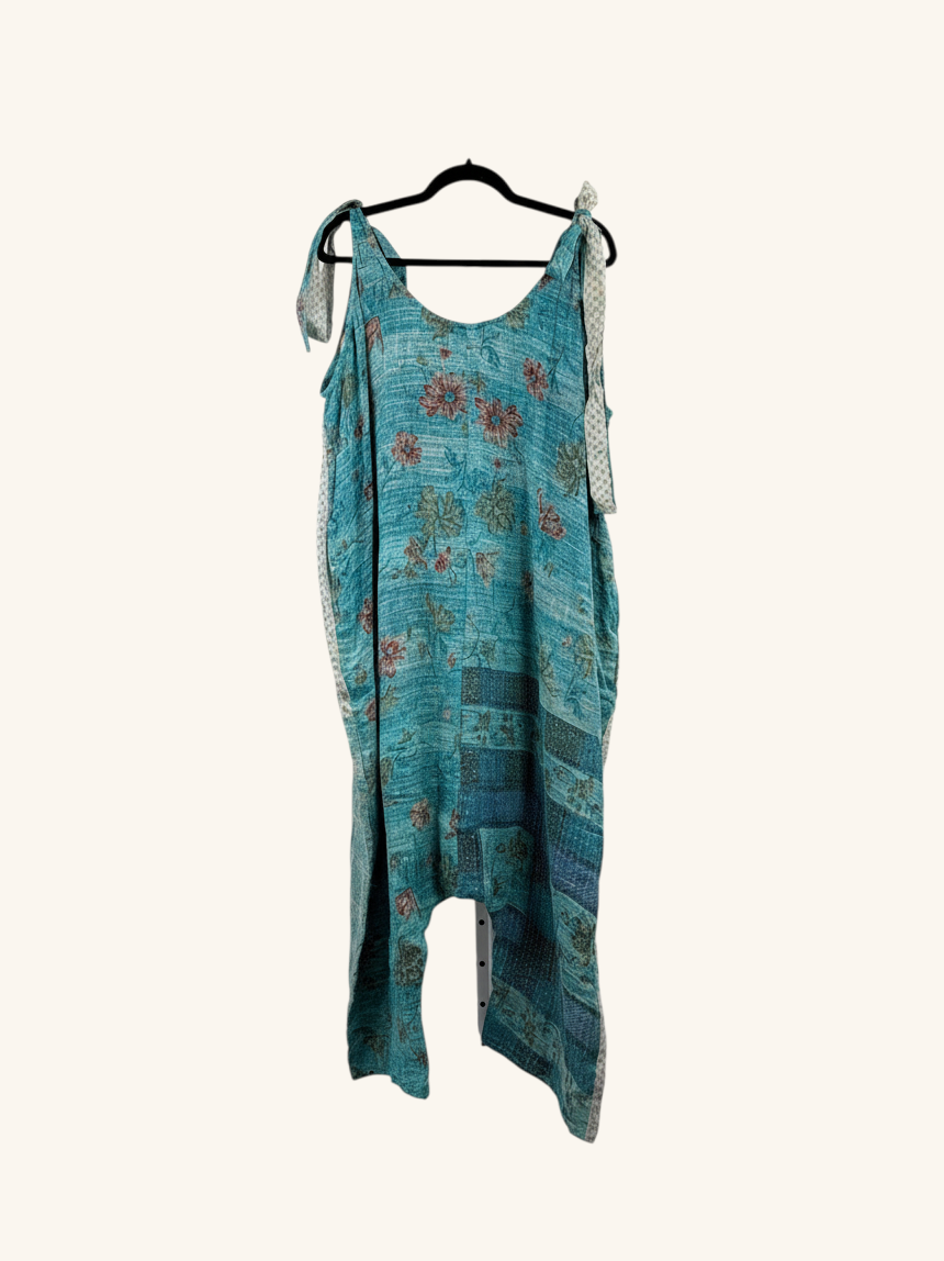 She Lives Beauty Becoming Wild harem jumpsuit in teal vintage kantha cotton with floral patterns and tie shoulders.