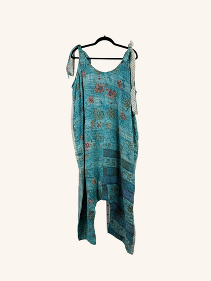 She Lives Beauty Becoming Wild harem jumpsuit in teal vintage kantha cotton with floral patterns and tie shoulders.