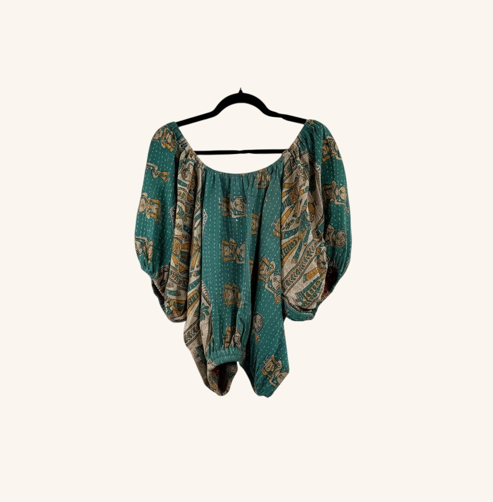 She Lives Beauty Wildflower Bloom Kantha top in teal vintage cotton with bubble sleeves and bohemian floral print