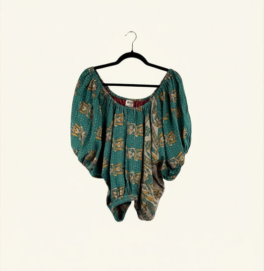 She Lives Beauty Wildflower Bloom Kantha top in teal vintage cotton with bubble sleeves and intricate hand-stitching.
