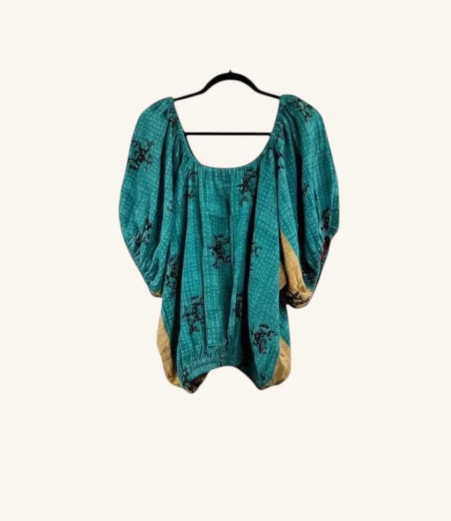She Lives Beauty Wildflower Bloom Kantha top in teal vintage cotton with black floral print and bubble sleeves.