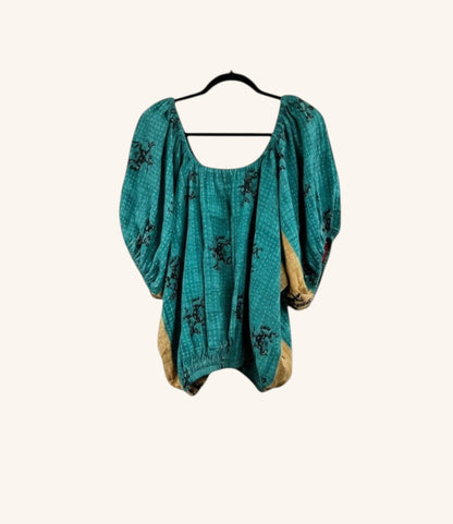 She Lives Beauty Wildflower Bloom Kantha top in teal vintage cotton with black floral print and bubble sleeves.