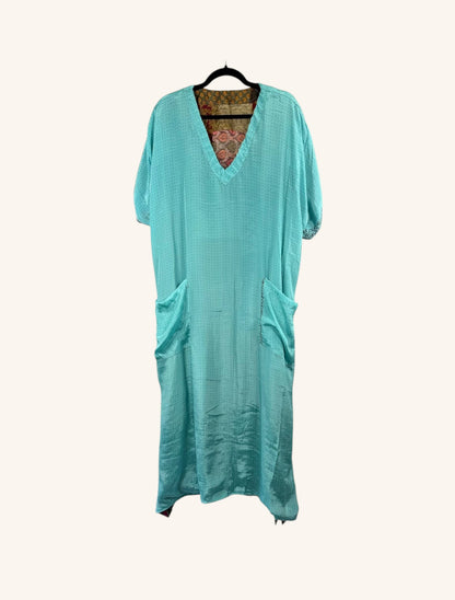 She Lives Beauty Luna Rosa reversible kaftan in turquoise vintage Rasgulla silk with patchwork details and side pockets.
