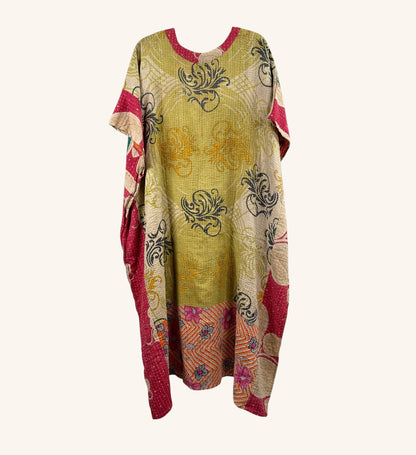 She Lives Beauty Valentina Kantha kaftan dress made from vintage cotton saris with olive green and floral patchwork