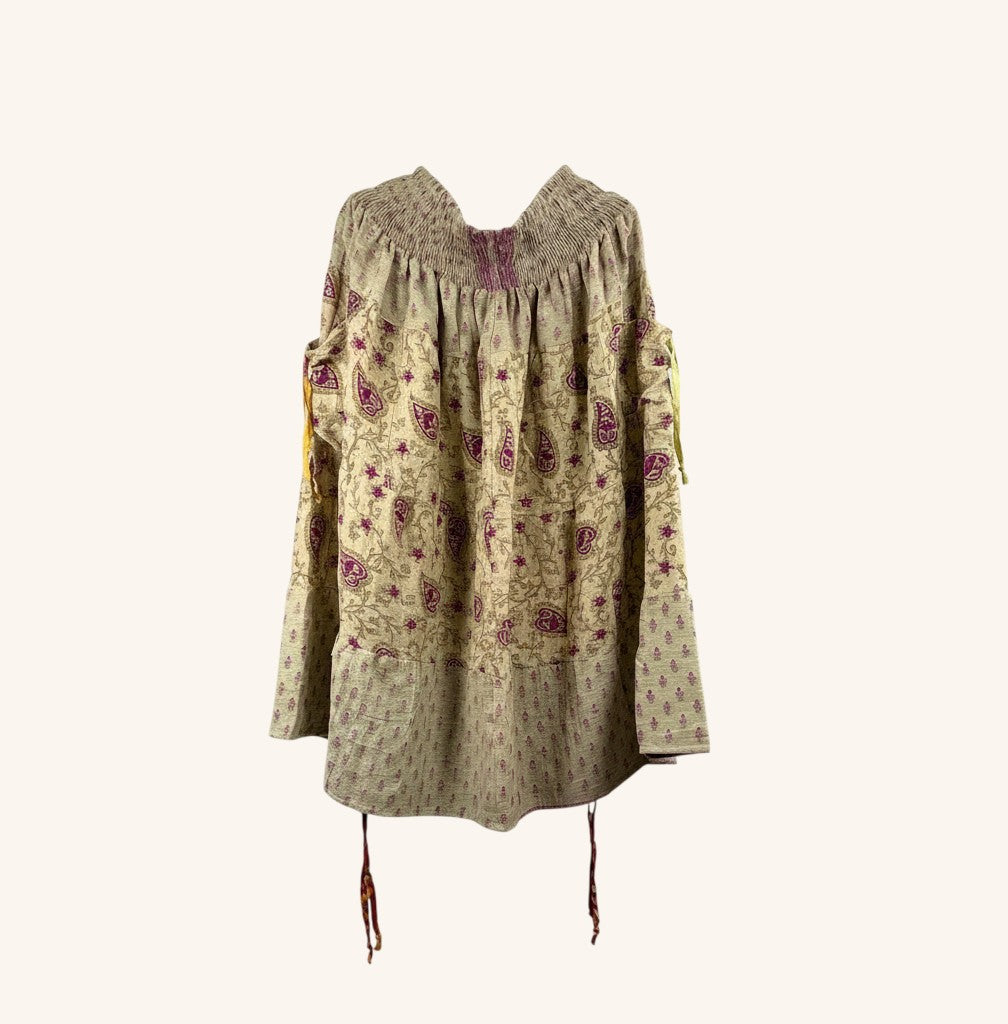 She Lives Beauty Earthbound midi skirt in vintage cotton with paisley kantha stitching and adjustable leg cinches.