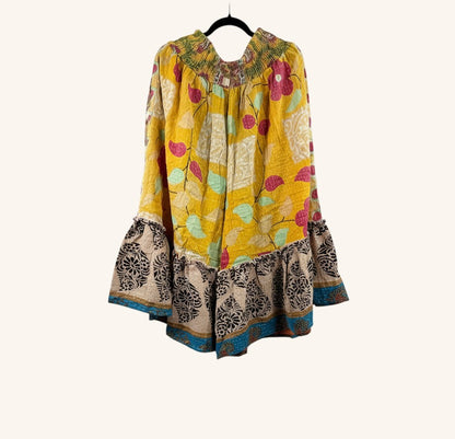 She Lives Beauty Anything for Selenas bloomers in yellow vintage Kantha cotton with floral prints and ruffle hem