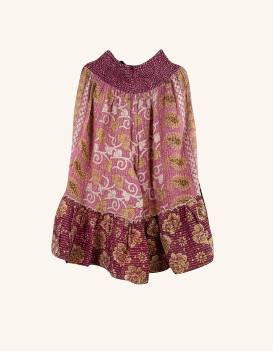 She Lives Beauty Anything for Selenas bloomers in pink vintage kantha cotton with floral prints and ruffled hem