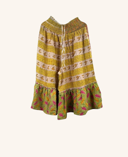 She Lives Beauty Anything for Selenas Bloomers in yellow vintage kantha cotton with a ruffled hem and elastic waist.