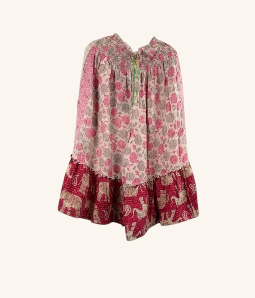 She Lives Beauty Anything for Selenas Bloomers in pink and red vintage kantha cotton with an oversized ruffle hem.