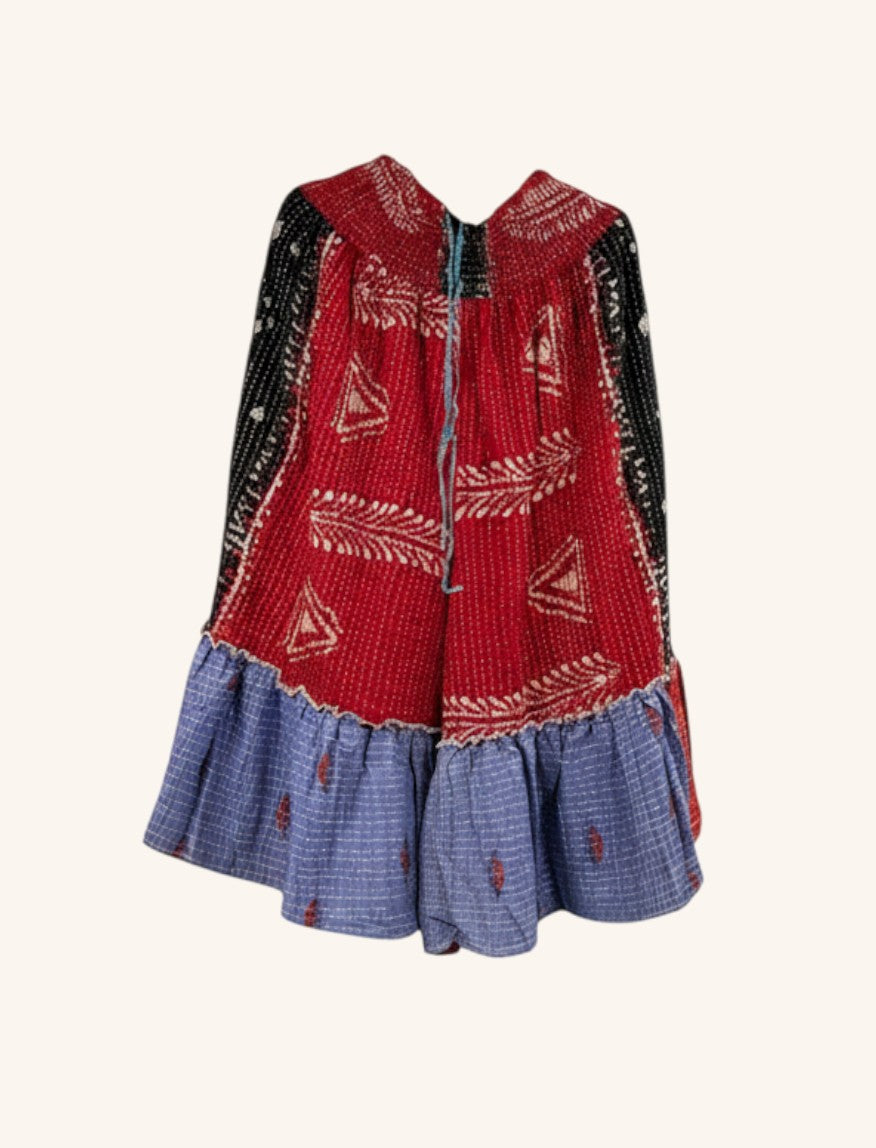 She Lives Beauty Anything for Selenas bloomers in vintage kantha cotton with red, black, and blue patchwork ruffles.