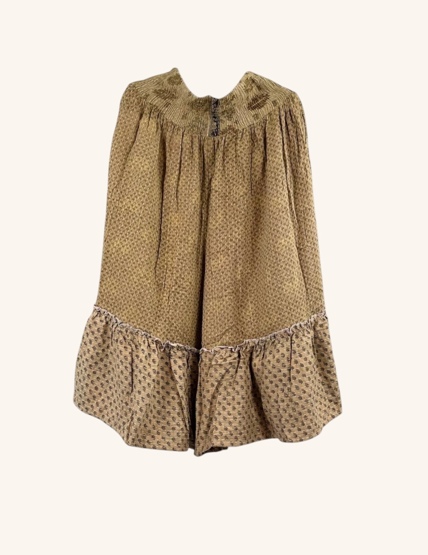 She Lives Beauty Anything for Selenas Bloomers in brown vintage kantha cotton with an oversized ruffle hem.