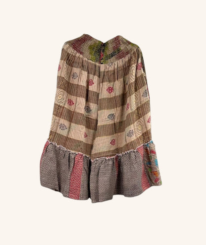She Lives Beauty Anything for Selenas Bloomers in vintage kantha cotton with a ruffled hem and brown patterned print.