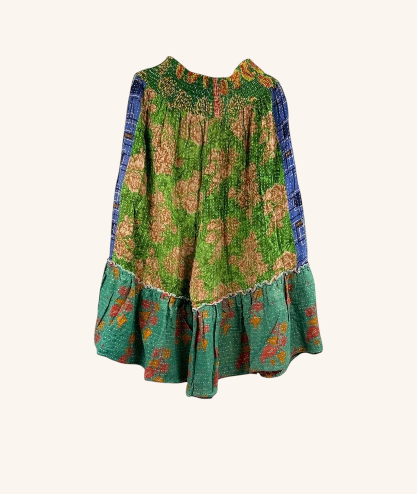 She Lives Beauty Anything for Selenas bloomers in vintage kantha cotton with green floral print and ruffled hem