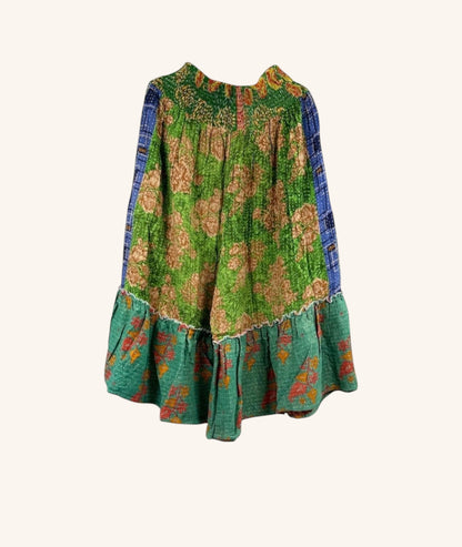 She Lives Beauty Anything for Selenas bloomers in vintage kantha cotton with green floral print and ruffled hem