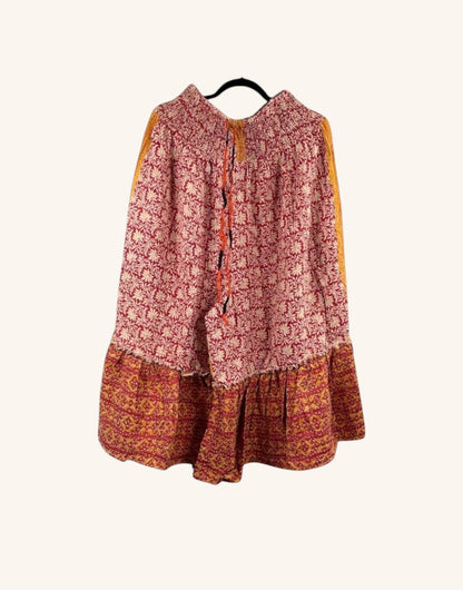 She Lives Beauty Anything for Selenas Bloomers in vintage red and orange Kantha cotton with an oversized ruffle hem.