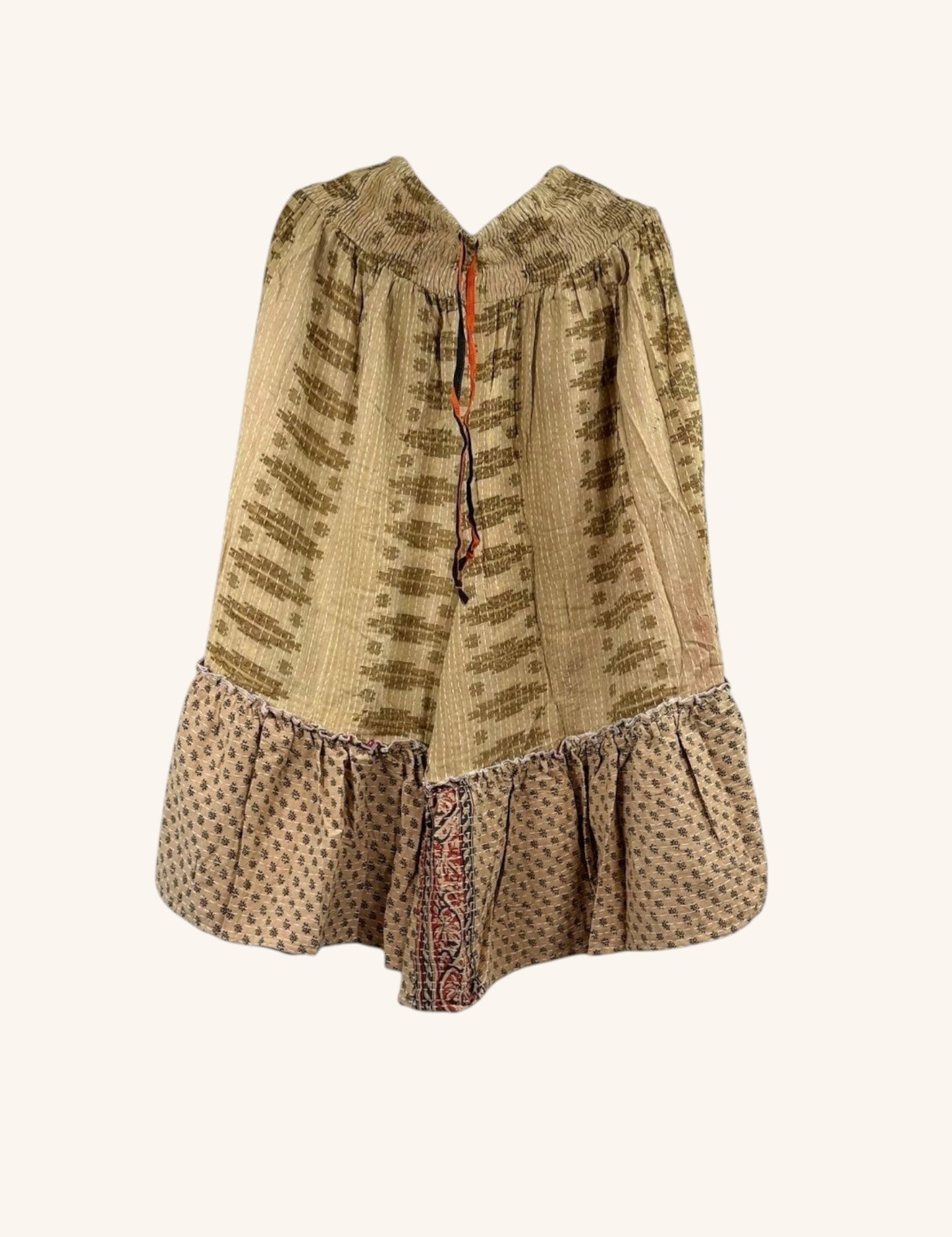 She Lives Beauty Anything for Selenas bloomers in tan vintage kantha cotton with a ruffled hem and elastic waist.