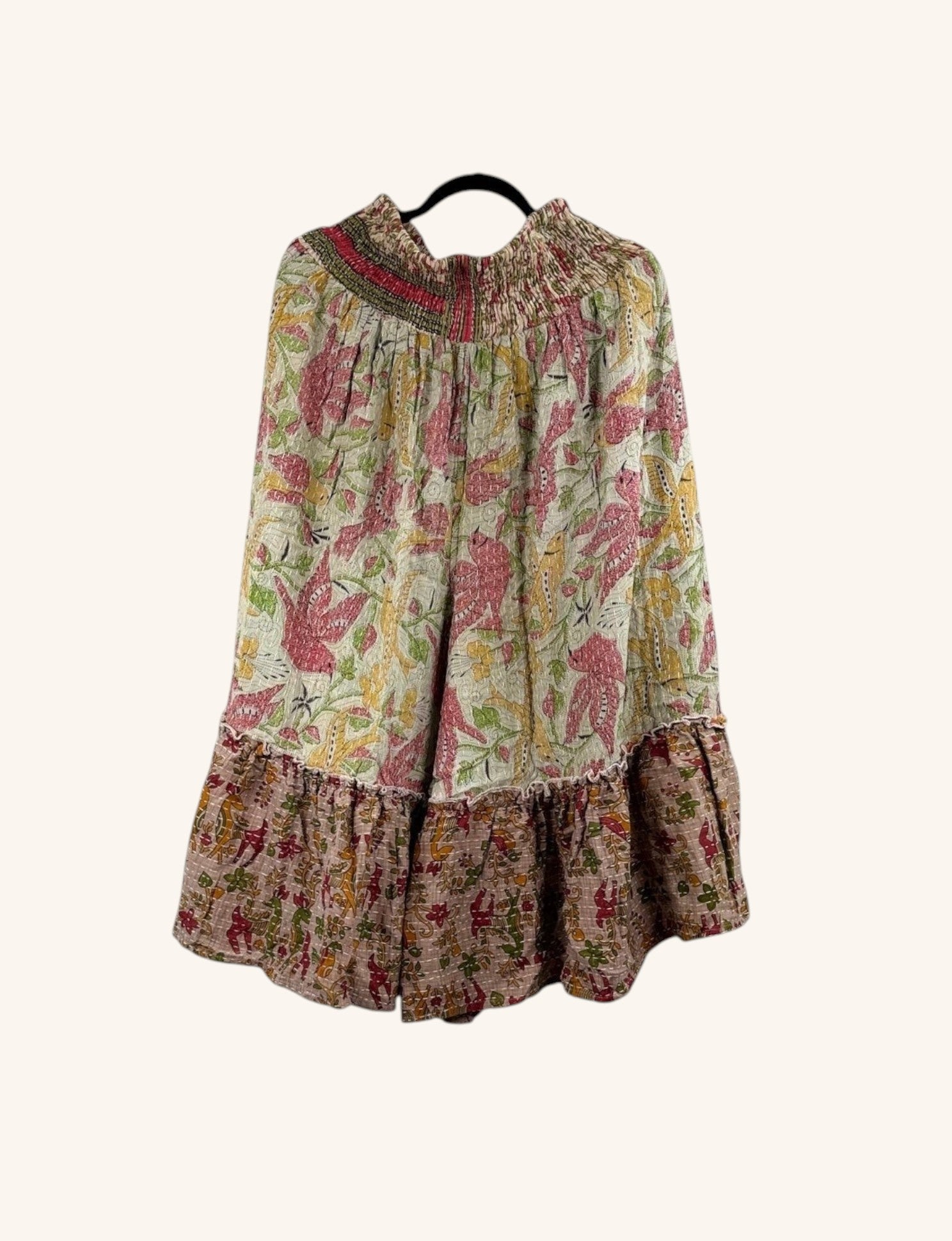 She Lives Beauty Anything for Selenas bloomers in vintage kantha cotton with floral prints and ruffled hem.