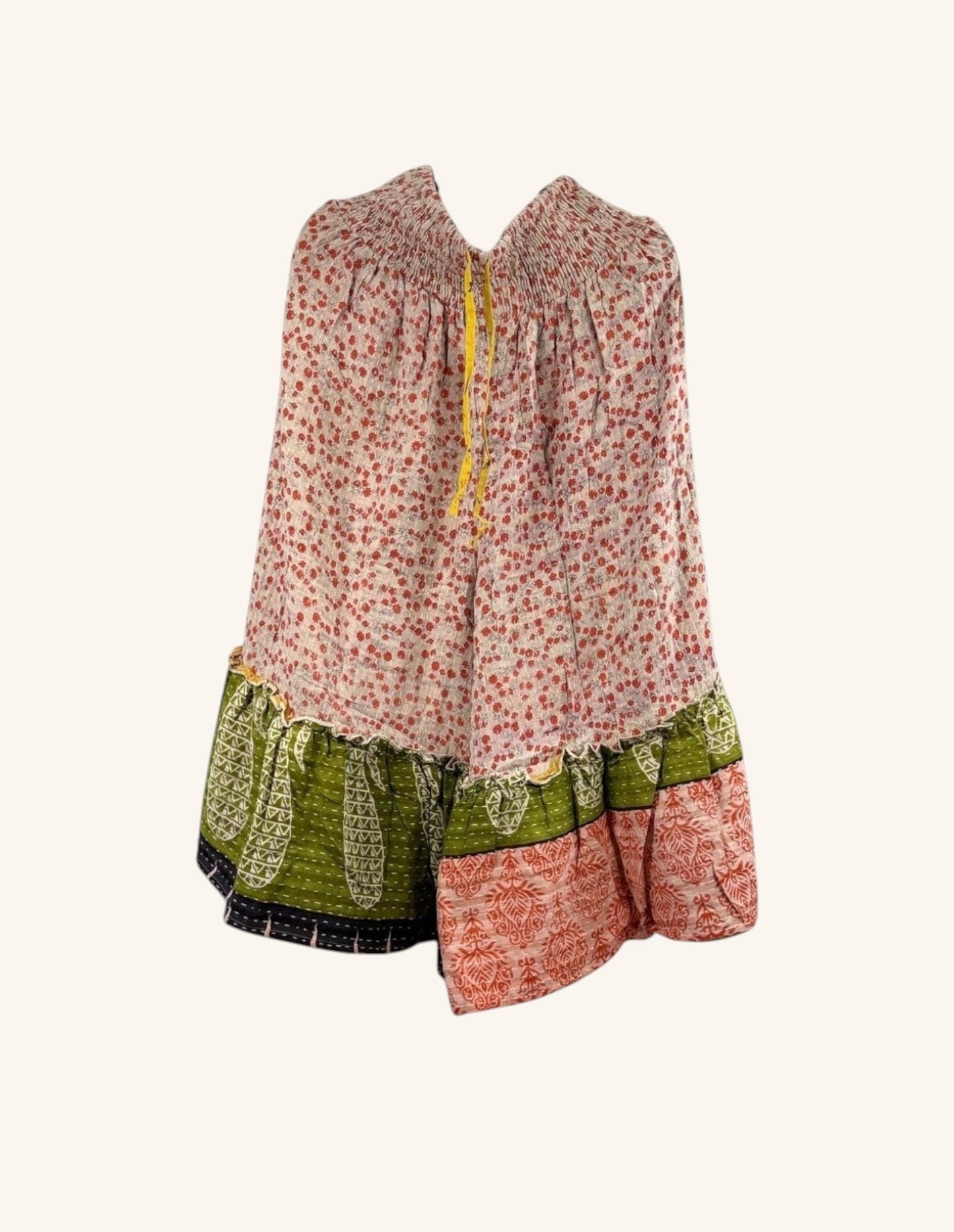 She Lives Beauty Anything for Selenas Bloomers in vintage kantha cotton with floral prints and ruffled hem