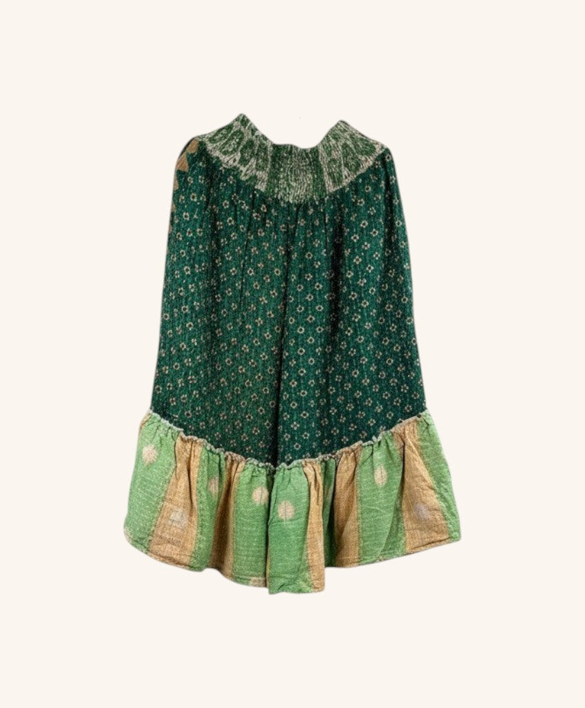 She Lives Beauty Anything for Selenas Bloomers in green vintage kantha cotton with a ruffled hem and elastic waist.